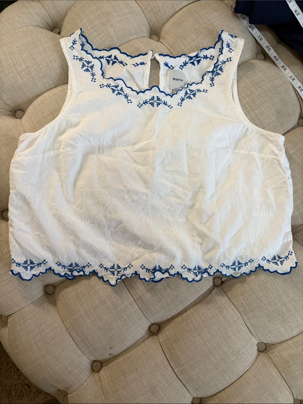 Maeve Anthropologie White Cropped Sleeveless Top with Blue Embroidery